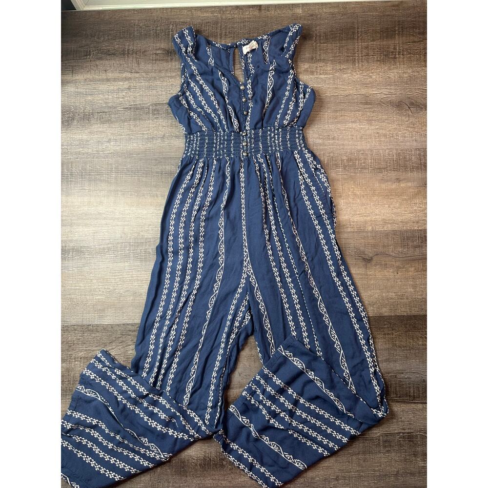 Japna Sleeveless Chic Jumpsuit Blue White Vertical Stripes Smocked Waist Pockets